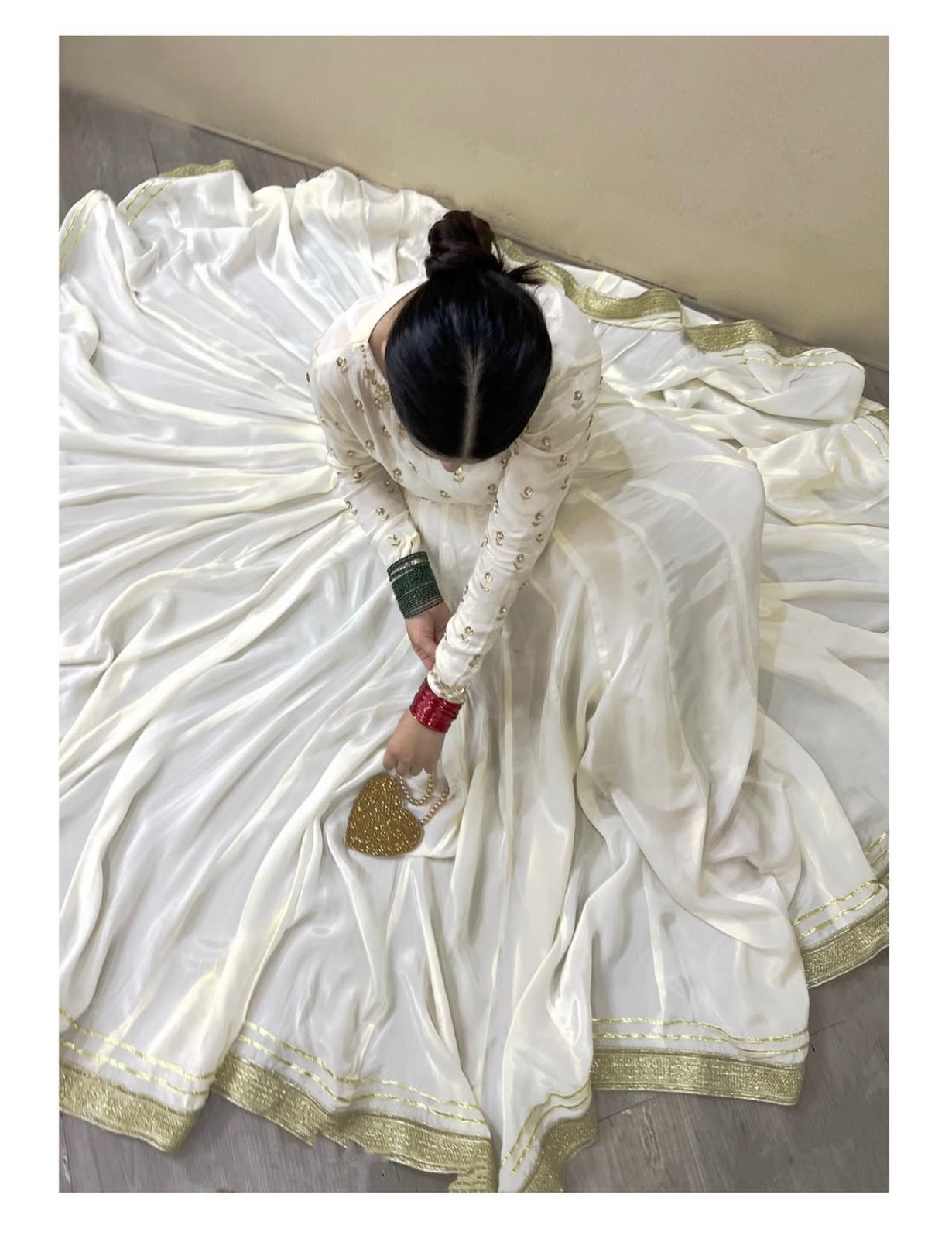 Ivory Flared Silk Pishwas - Resham & Pearl  Embellished Ensemble