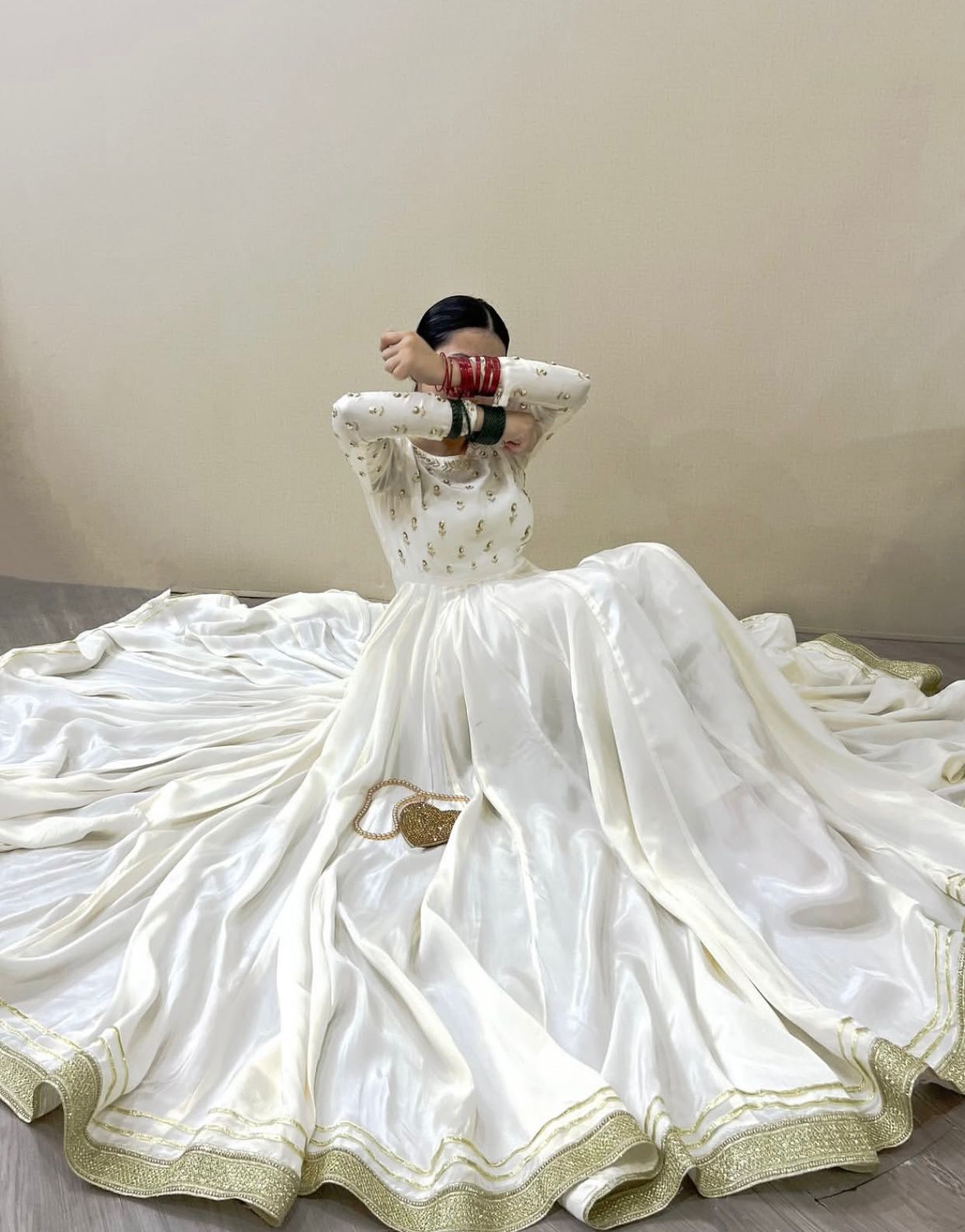 Ivory Flared Silk Pishwas - Resham & Pearl  Embellished Ensemble