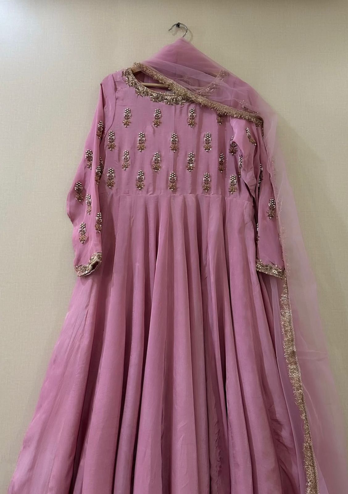 Blush Pink Flared silk Pishwas - Resham & Pearl Emellished Ensemble