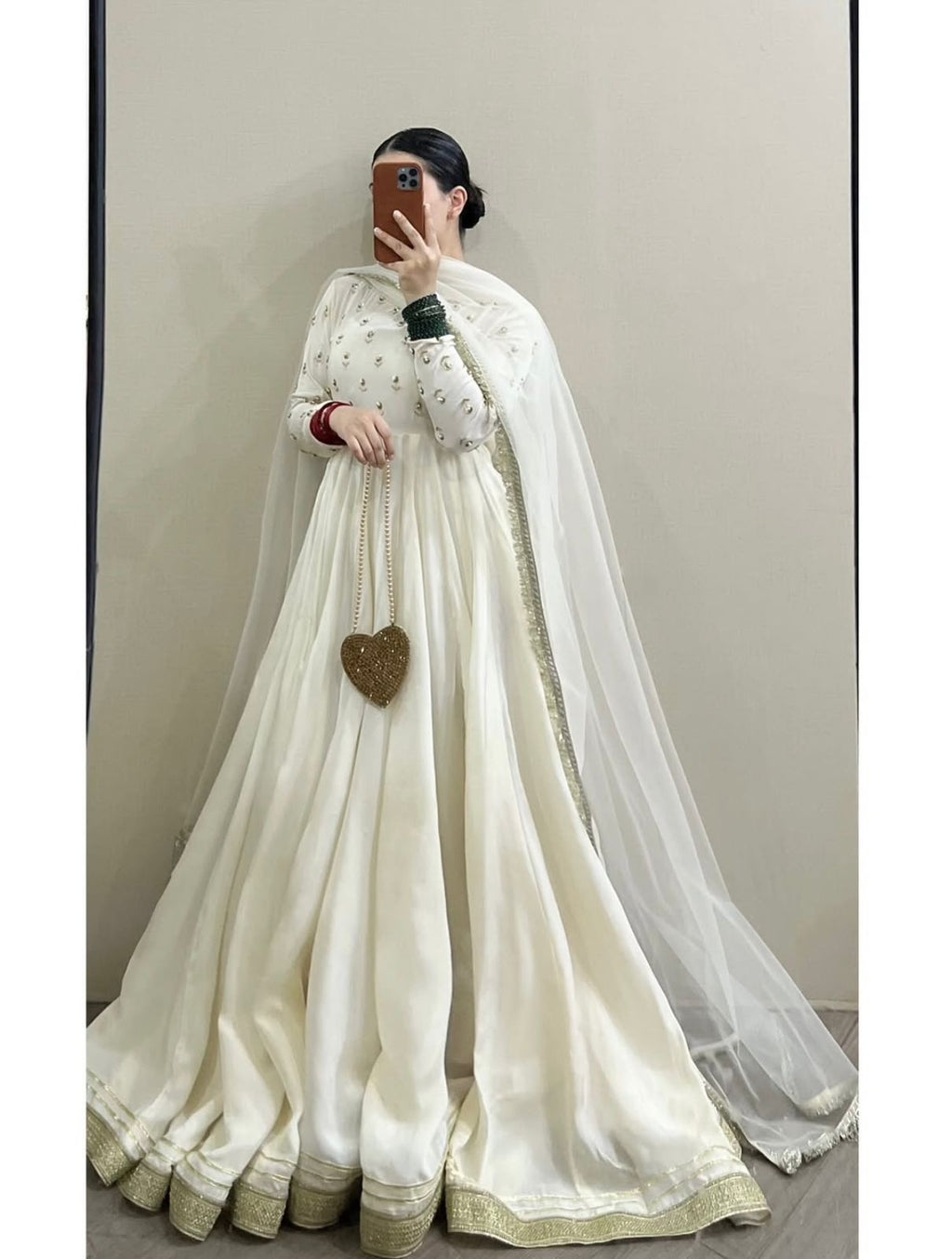 Ivory Flared Silk Pishwas - Resham & Pearl  Embellished Ensemble