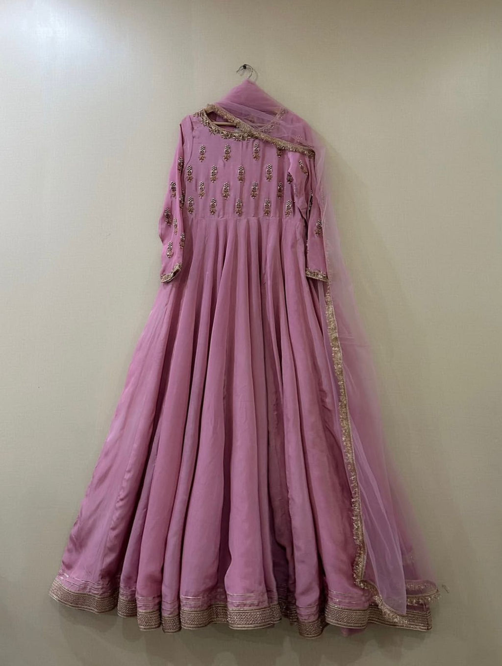 Blush Pink Flared silk Pishwas - Resham & Pearl Emellished Ensemble