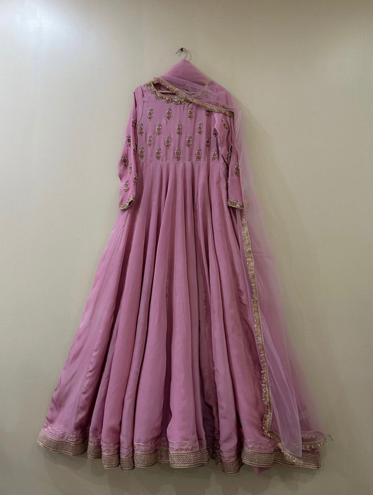 Blush Pink Flared silk Pishwas - Resham & Pearl Emellished Ensemble