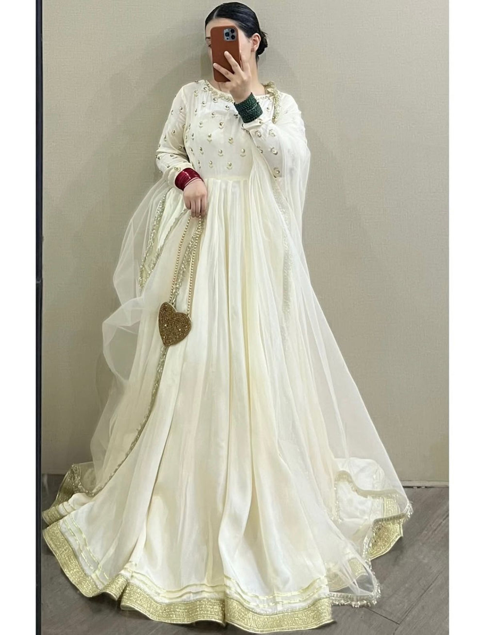 Ivory Flared Silk Pishwas - Resham & Pearl  Embellished Ensemble